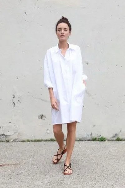 White Button Up Tunic Shirt Dress with Black Flat Sandals