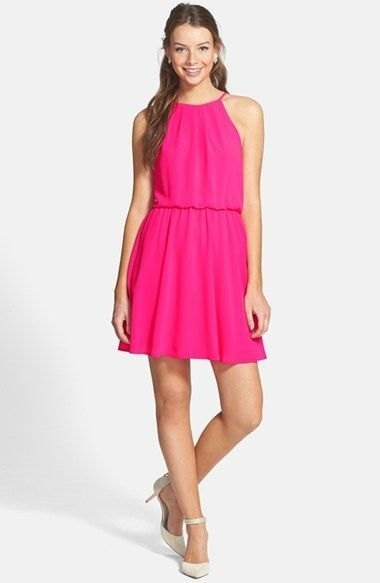 Neon Pink Blouson Skater Dress