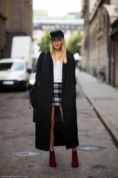 Black Maxi Coat with White Sweater & Plaid Mini Skirt