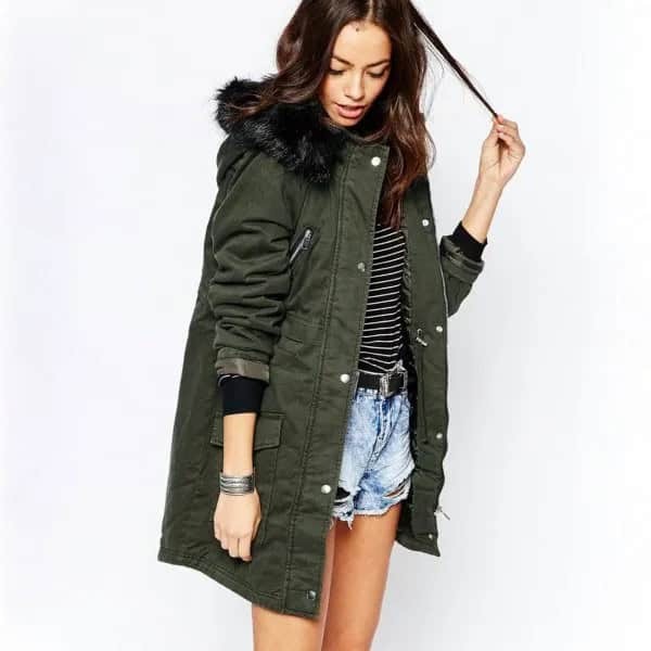 Longline Grey Parka Jacket with Striped Tee & Blue Denim Mini Shorts