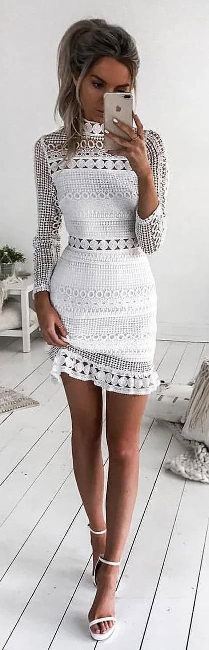 Crochet White Turtleneck Dress