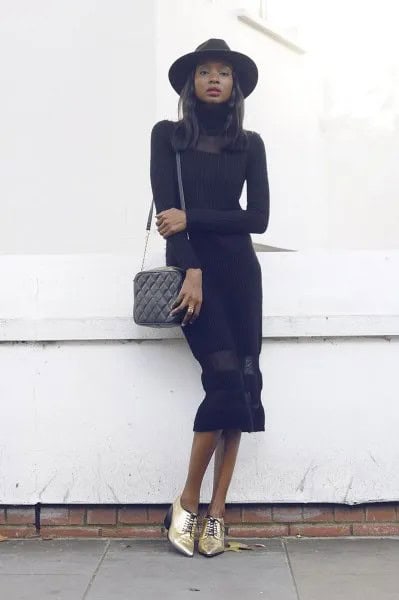 Black Long Sleeve Midi Dress with Gold Short Boots