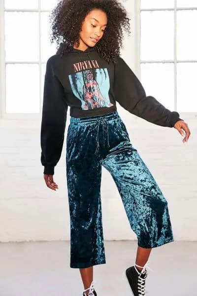 Black Printed Hoodie with Navy Blue Cropped Wide Leg Pants