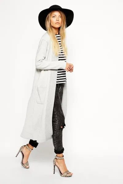 Black Floppy Hat with White Maxi Cardigan & Striped Tee