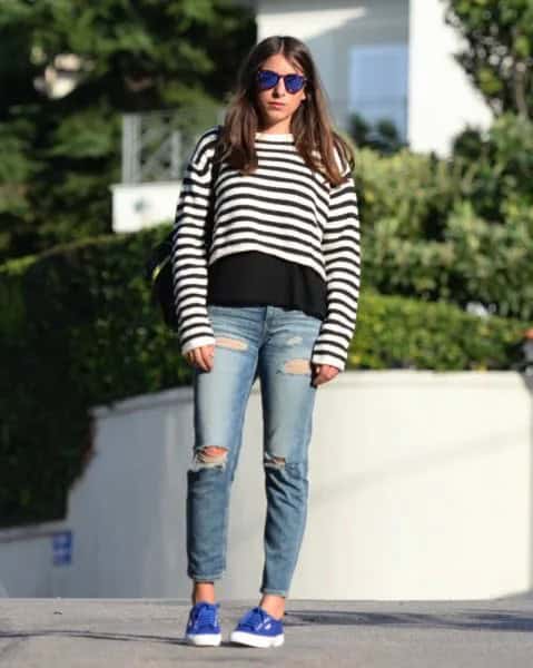 Black and White Striped Cropped Sweater over T Shirt & Boyfriend Jeans