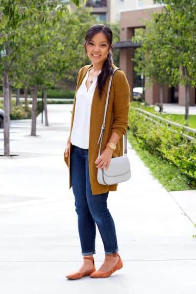 Red Longline Cardigan with Blue Cuffed Jeans & Orange Ankle Strap Flats