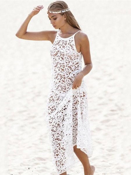 White Lace Semi-Sheer Cover Up Beach Dress