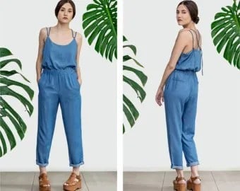 Chambray Elastic Waist Cuffed Pants with Matching Vest Top