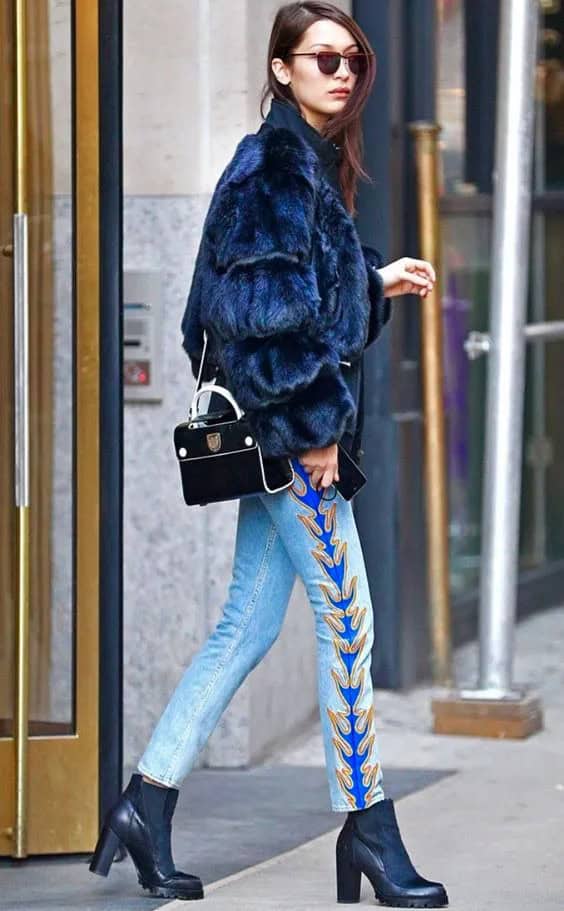 Embroidered Jeans and Faux Fur Coat