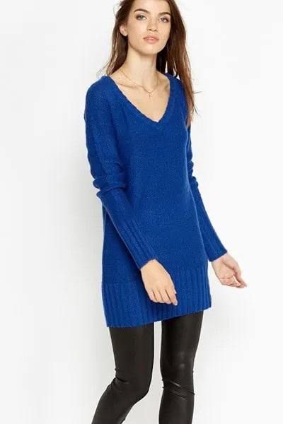 Royal Blue V Neck Tunic Jumper with Black Leather Leggings