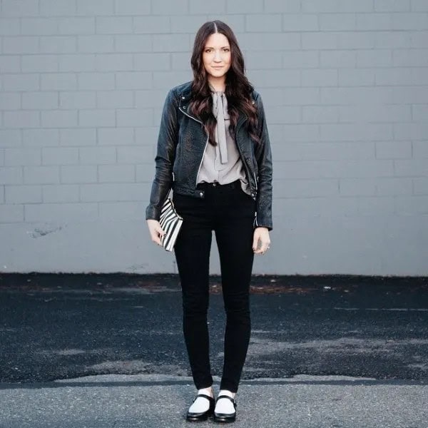 Black Leather Jacket with Grey Blouse & Flats