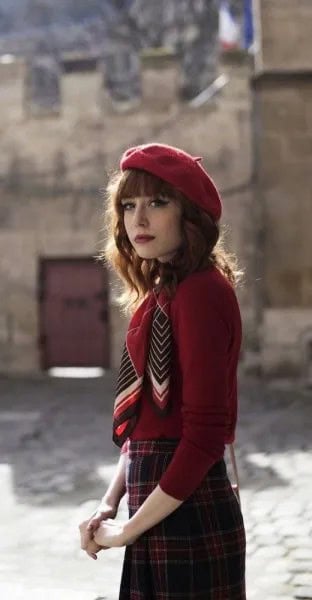 Red Cap with Red Sweater & Plaid Pencil Skirt