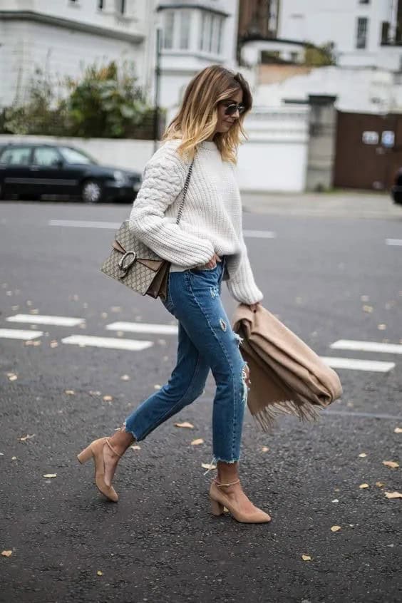 White Sweater & Beige Suede Heels