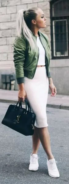 Green Cropped Bomber Jacket with White Midi Bodycon Skirt