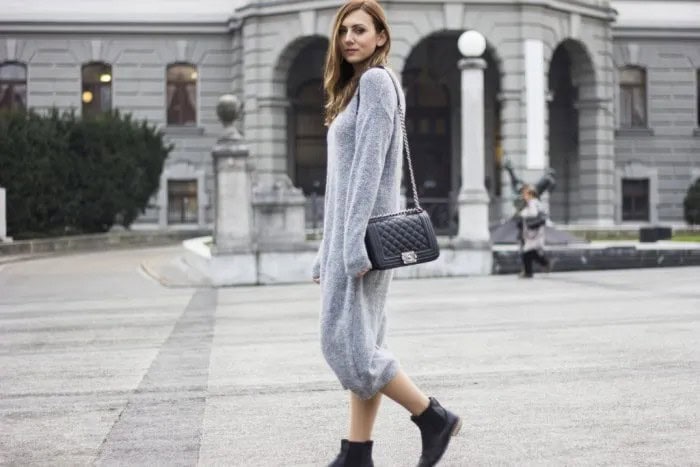 Grey Long Fuzzy Sweater Dress with Black Ankle Boots