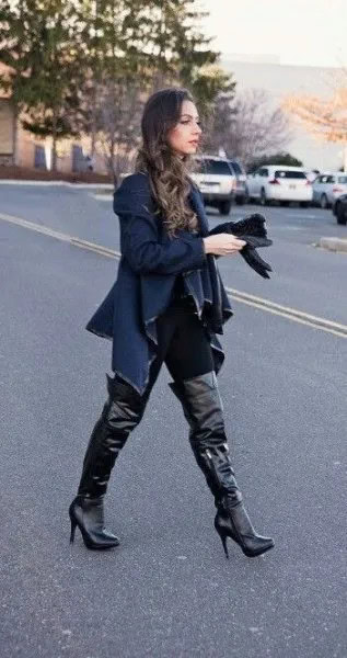 Navy Blue Sweater Jacket with Black Leather Over The Knee High Heel Boots