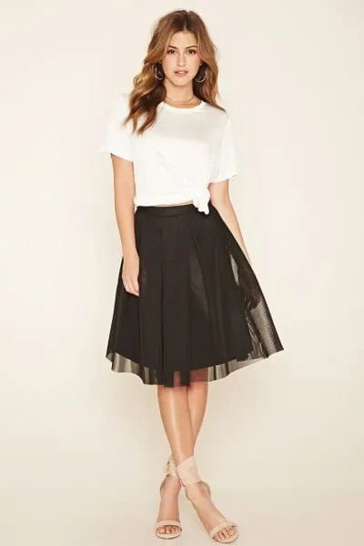 White T Shirt with Brown Mesh Skater Skirt