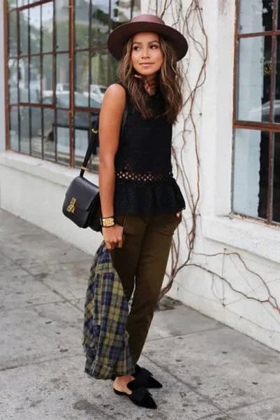 Black Peplum Top with Felt Hat