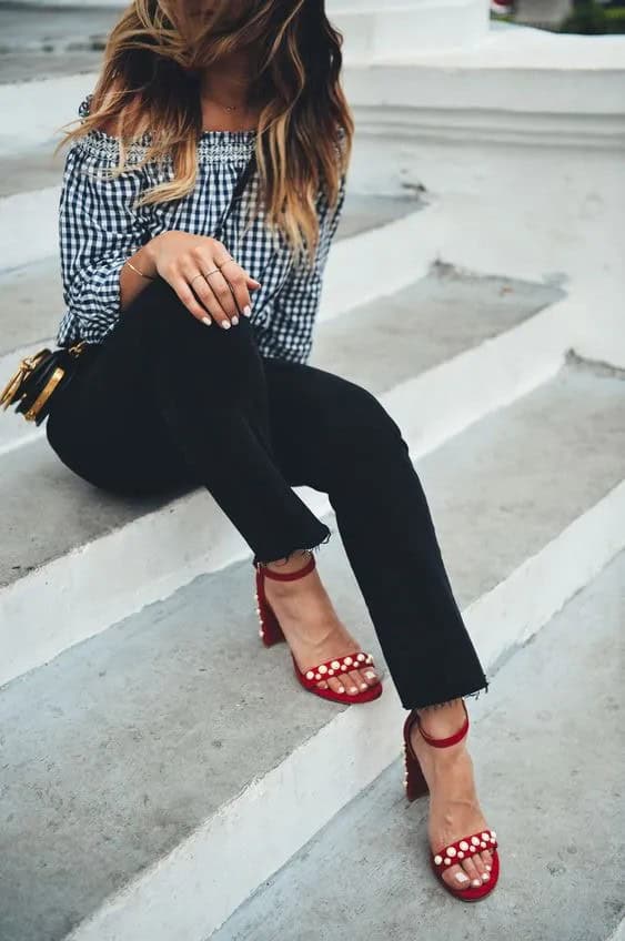 Gingham Top & Suede Sandals