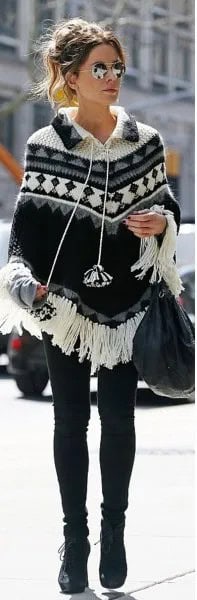 Tribal Printed Fringe Poncho Sweater with Skinny Jeans