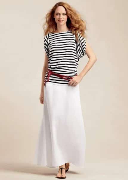 Black and White Striped Tee & White Linen Maxi Skirt