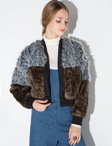 Grey and Brown Color Block Faux Fur Bomber Jacket & Denim Suspender Dress