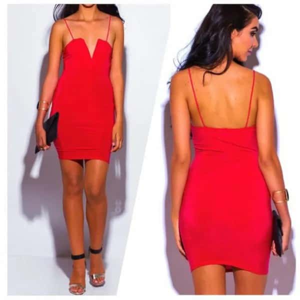 Red Mini Bodycon Spaghetti Strap V Neck Dress with Open Toe Heels