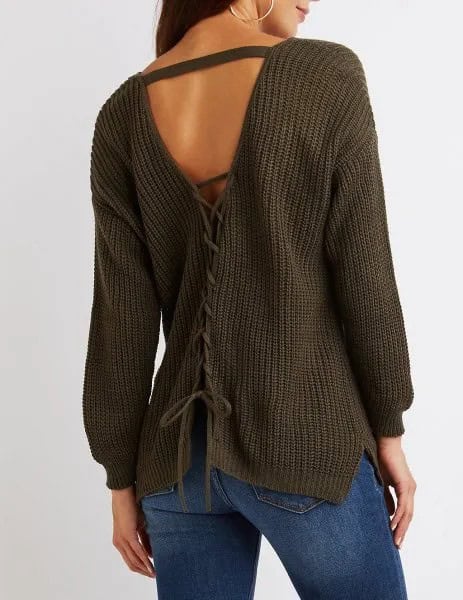 Grey Lace Up Open Back Sweater with Blue Skinny Jeans