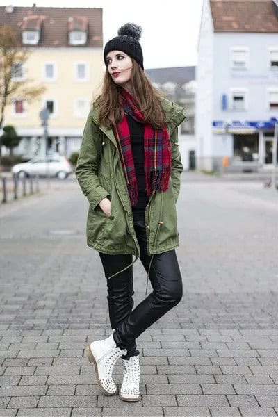 Green Long Jacket with Red and Black Plaid Scarf