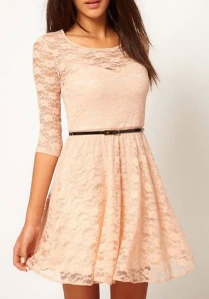 Three-Quarter Sleeve Belted Fit and Flare Semi-Sheer Lace Dress