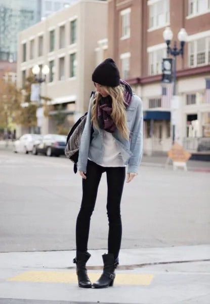 Black Combat Boots with Denim Jacket & Black Skinny Jeans