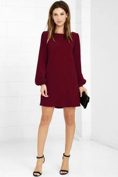 Burgundy Long Sleeve Shift Dress