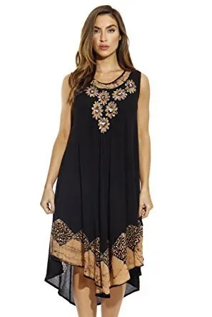 Black Tribal Embroidered Tank High Low Midi Shift Dress