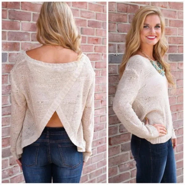 White Semi-Sheer Subtly Open Back Sweater with Blue Skinny Jeans