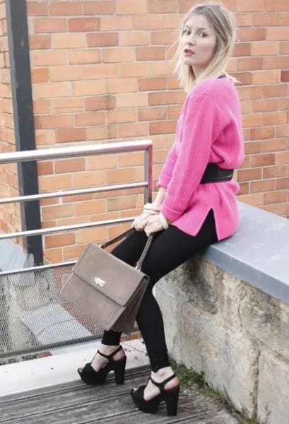 Belted Sweater with Black Skinny Jeans & Open Toe Heels