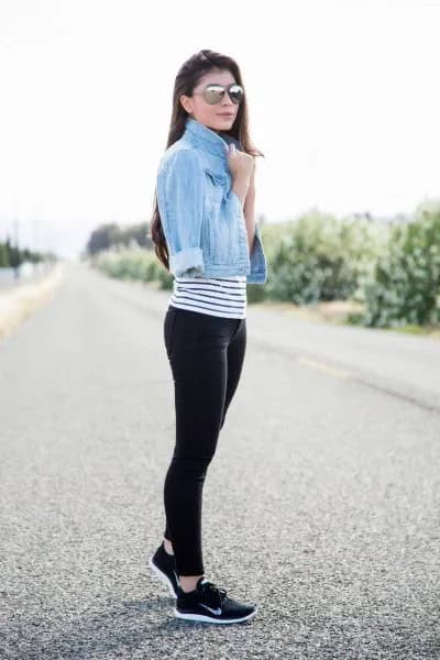 Light Blue Short Denim Jacket with Striped Tee & Black and White Walking Shoes