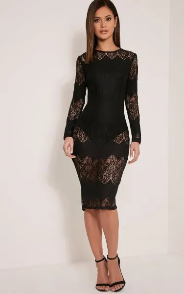 Black Semi-Sheer Lace Bodycon Dress