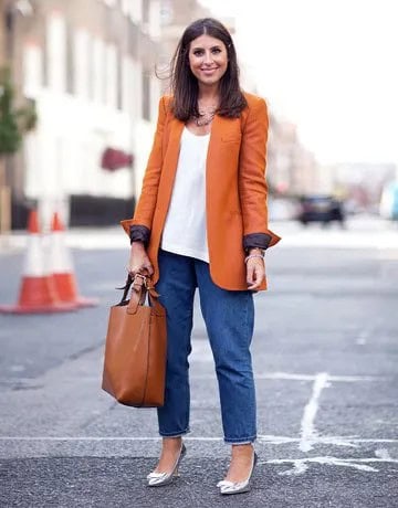 Orange Long Blazer with White Vest Top & Wide Leg Mom Jeans