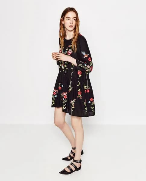 Black Flared Mini Embroidered Dress with Strappy Flats