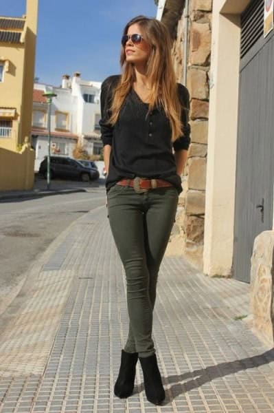 Green Skinny Khaki Jeans with Black Button Front Sweater