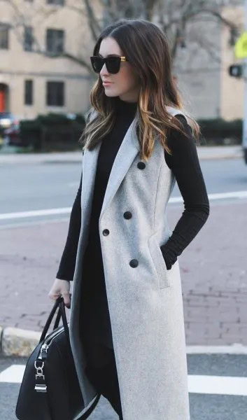 Grey Sleeveless Double Breasted Wool Coat with Black Shift Dress