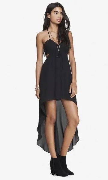 Black Spaghetti Strap High Low Dress with Boots