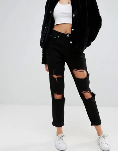 Black Denim Oversized Jacket with White Cropped Tank Top