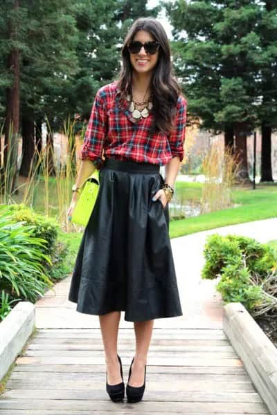 Green and Blue Plaid Shirt with Black Flared Midi Leather Skirt