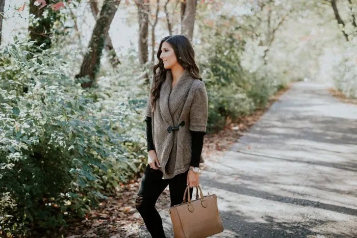 Grey Half Sleeve Sweater with Black Long Sleeve Top & Brown Leather Bag