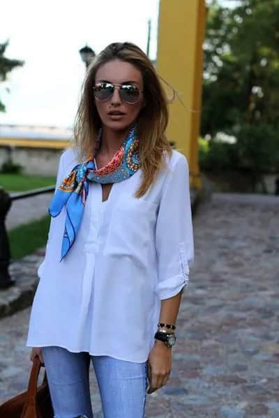 Blue Satin Scarf with White Button Up Shirt