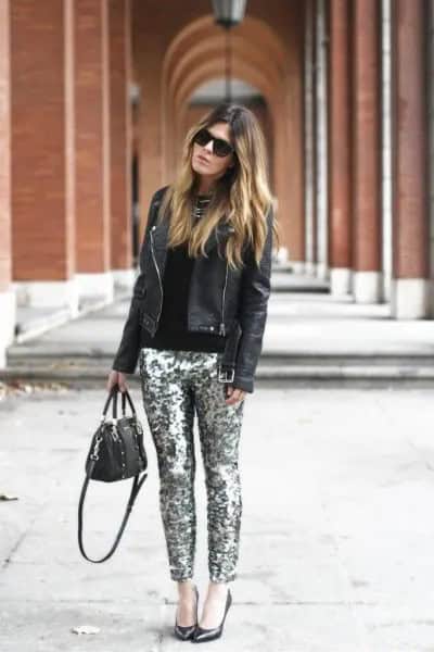 Black Leather Jacket with Fitted Sweater & Silver Pants