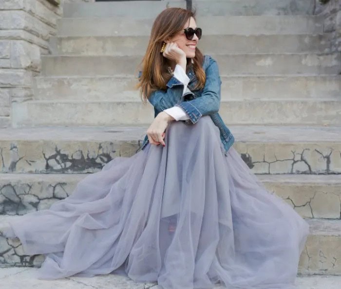 Blue Denim Jacket with Teal Floor Length Tulle Skirt