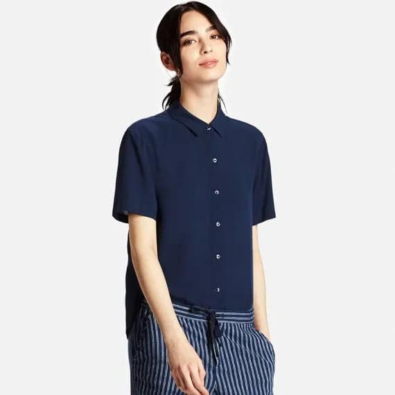 Navy Button Up Short Sleeve Rayon Shirt with Striped Wide Leg Pants