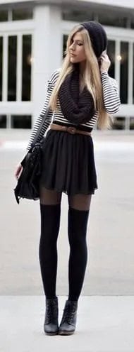 Black and White Striped Tee with Belted Mini Skater Skirt & Tights